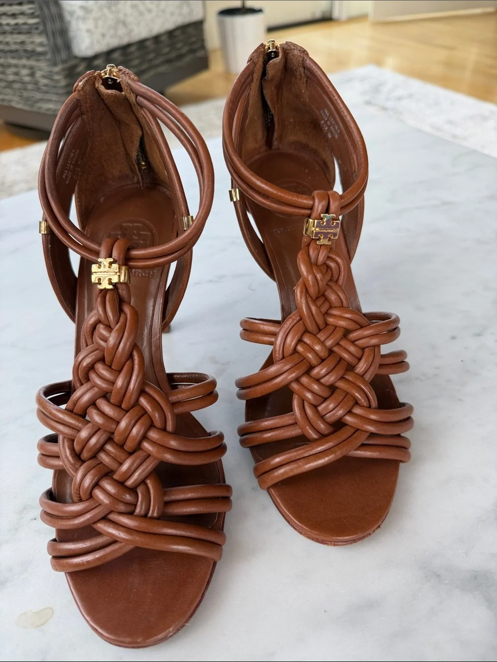 Tory Burch Braided Cognac Leather Strappy High-Heel Sandals